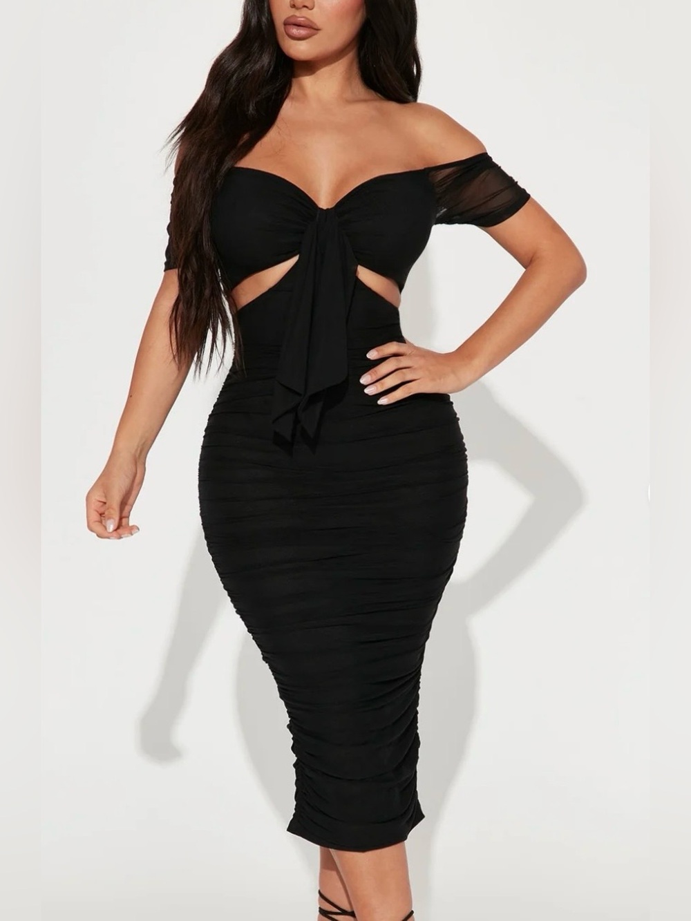 Women's Fashion Nova Black Off-the-Shoulder Ruched Midi Dress Size M